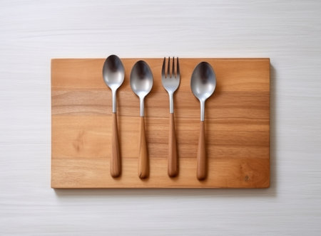 Generative AI : wooden plate wooden fork and wooden spoon isolated on white backgroundの素材