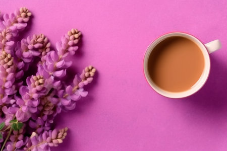 Generative AI : pink flowers blooming on this is dad coffee cup on pink background flat layの素材