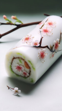 Generative AI : vanilla fresh cream roll cake with plastic spoonの素材