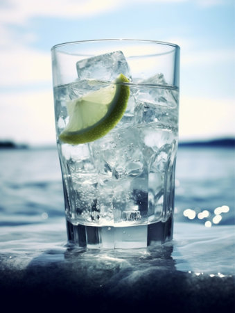 Generative AI : a glass of cold water with ice on nature backgroundの素材