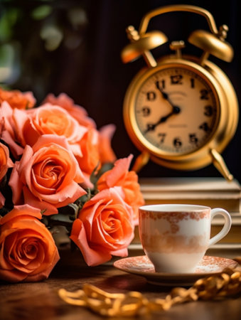 Generative AI : cup of coffee bouquet of carnation and clock on wooden backgroundの素材