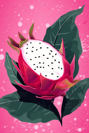 Generative AI : slice fresh dragon fruit on green banana leaf backgroundの素材