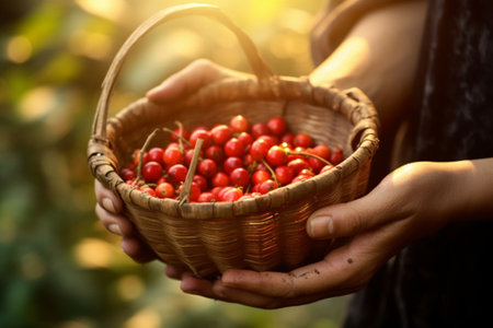 Generative AI : organic red cherries coffee bean in wicker basket on green grass backgroundberry coffee beansの素材
