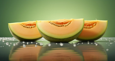 Generative AI : sliced fresh melon on green backgroundの素材