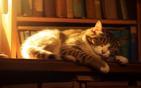 Generative AI : sleeping cat on books lazy cat on day timeの素材