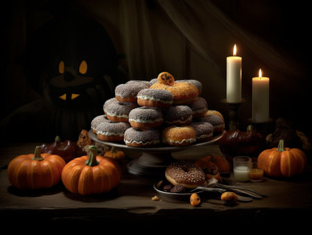 Generative AI : zombie donuts with a glass of milk halloween dessert party conceptの素材