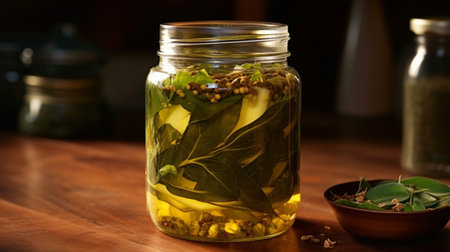 Generative AI : A Jar of Wild Ginger Bug Starter for Naturally Carbonated Sodas Made With Sugar Ginger and Water on Wooden Tableの素材