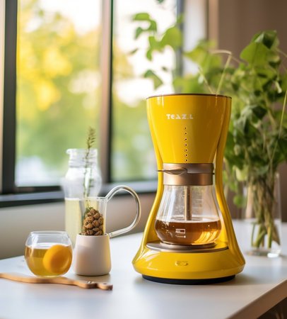 Generative AI : moka pot coffee maker with yellow cup of coffee yellow dried flowers on denim backgroundの素材