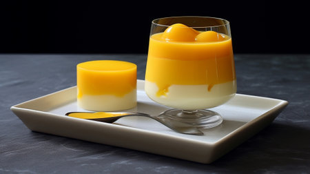 Generative AI : mango with sticky rice serve in glass on wooden tableの素材