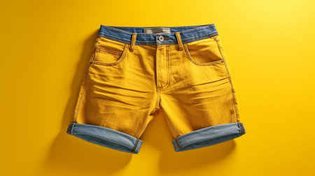 Generative AI : short jeans on wooden background indigo denim short on wooden backgroundの素材