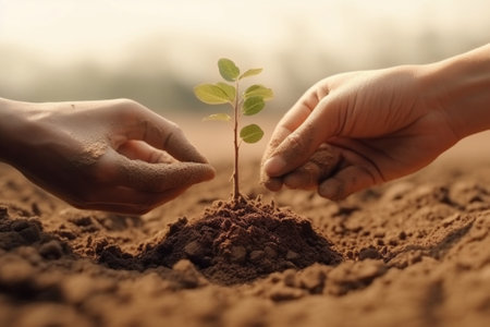 Generative AI : hands holding tree growing on cracked earth hands growing tree save the world environmental problems love nature heal the world cut tree growing tree on crack grounの素材