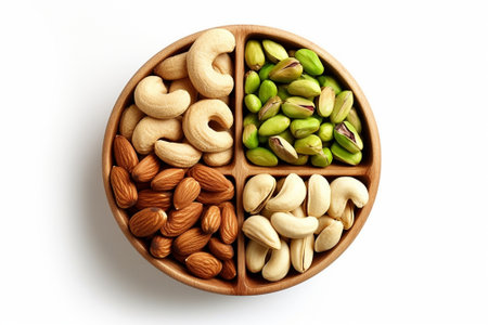 Generative AI : Healthy food and snack mixed nuts in white ceramic bowl from above Walnut pistachios almonds hazelnuts and cashewsの素材