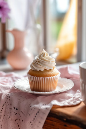 Generative AI : homemade almond tea cupcake freshly baked on white wooden tableの素材