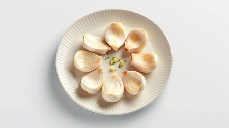 Generative AI : Garlic Cloves in white ceramic bowl on white background top view imagesの素材