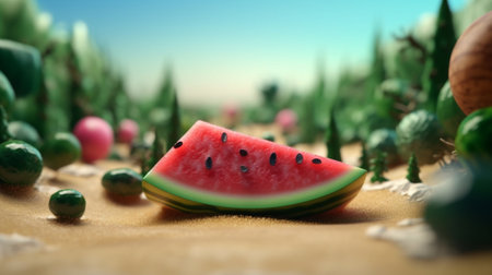 Generative AI : Sliced watermelon with nature backgroundの素材