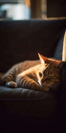 Generative AI : Sleeping cat on brown leather sofa lazy cat sleeping on day timeの素材