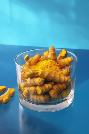 Generative AI : turmeric powder in glass bowl on wooden backgroundの素材