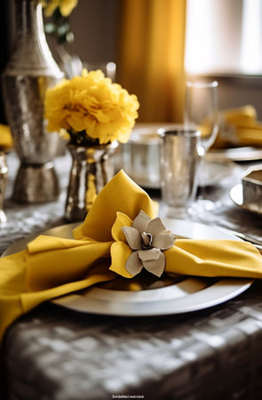 Generative AI : silver spoon on yellow linen napkinsの素材