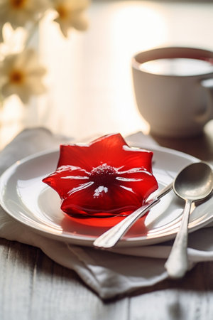 Generative AI : Hibiscus or roselle jam in a small cup on white tableの素材