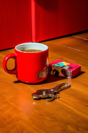 Generative AI : BIG lOVE red coffee mug on wooden tableの素材