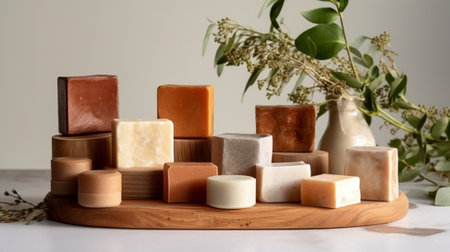 Generative AI : oat milk moroccan red clay handmade natural soap bars with moroccan red clay powder on white marble backgroundの素材