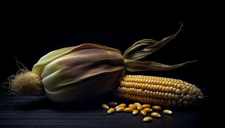 Generative AI : corn seeds in wooden spoon on dark cement backgroundの素材