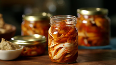 Generative AI : Variety homemade kimchi in a glass jarsの素材