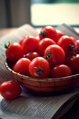 Generative AI : cherry tomatoes in basket on wooden backgroundの素材