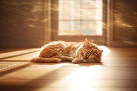 Generative AI : Sleeping cat on wooden floor lazy cat on day time sleeping kittenの素材