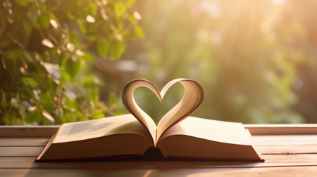 Generative AI : books on table in garden with top one opened and pages forming heart shapeの素材