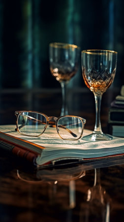 Generative AI : a glass of cold water on wooden table with books a glass of cold waterの素材