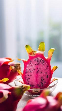Generative AI : dragon fruit on wooden backgroundの素材