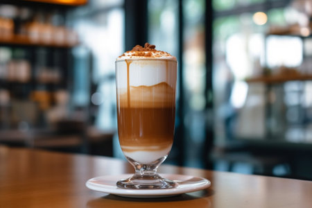 Generative AI : glass of latte coffee on table in cafeの素材
