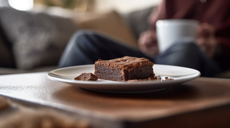 Generative AI : a piece of homemade chocolate brownies on white plateの素材