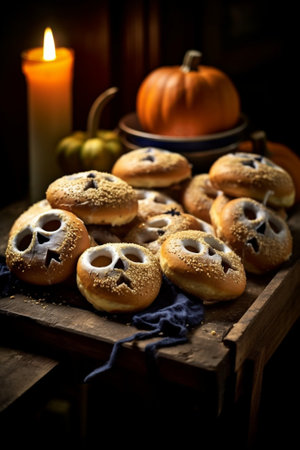 Generative AI : halloween donuts in wooden tray on wooden backgroundの素材