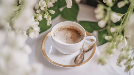 Generative AI : cup of coffee on white wooden table with little white flowersの素材