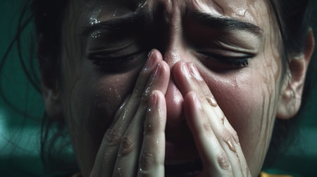 Generative AI : Young girl is crying against green backgroundの素材