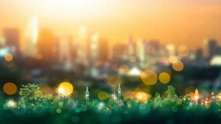 Generative AI : green bokeh from trees in morning sunriseの素材