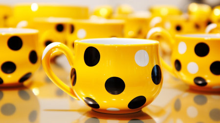 Generative AI : yellow polkadot cup of coffee on table in coffee shopの素材