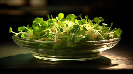 Generative AI : homemade mung bean or green bean sprout in a glass bowlの素材
