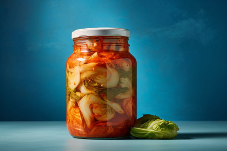 Generative AI : homemade green onion kimchi in a glass jarの素材