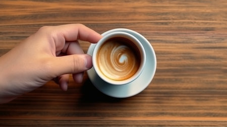 Generative AI : female hand holding cup of hot cocoa or chocolate on wooden table from aboveの素材