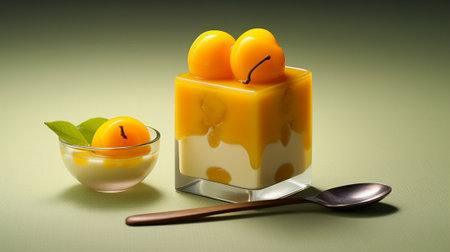 Generative AI : homemade mango panna cotta with fresh ripe mango on topの素材