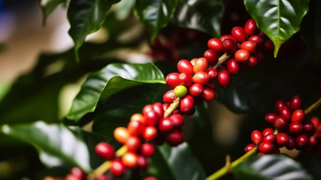 Generative AI : Red berries coffee beans on branch of coffee tree Branch of a coffee tree with ripe fruits leaves over wooden backgroundの素材