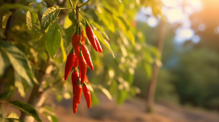 Generative AI : Red hot chili peppers on the tree in gardenの素材
