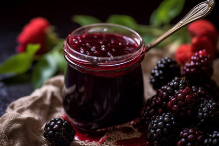 Generative AI : homemade mulberry jam in a glass jar with fresh mulberry with green leaves on rustic table backgroundの素材