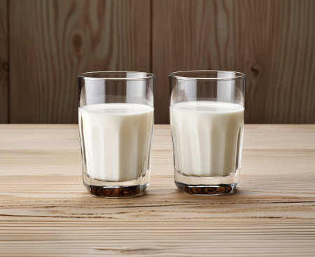 Generative AI : two bottle of milk on white wooden tableの素材