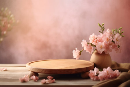 Generative AI : wooden plate on table with yellow flowersの素材