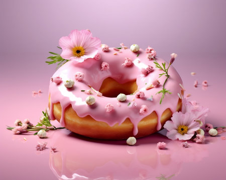 Generative AI : pink strawberry glazed flavor donuts with pink flowers and green leaves on white backgroundの素材