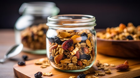 Generative AI : homemade granola made from oatmeal raisins honey blueberries cranberry flax almond macadamia cashew pecan freshly bakedの素材